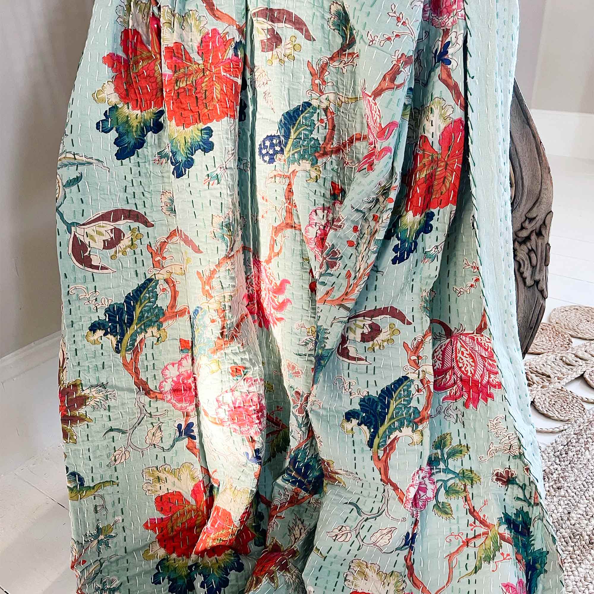 Botanical Chinoiserie Duck Egg Kantha Throw
