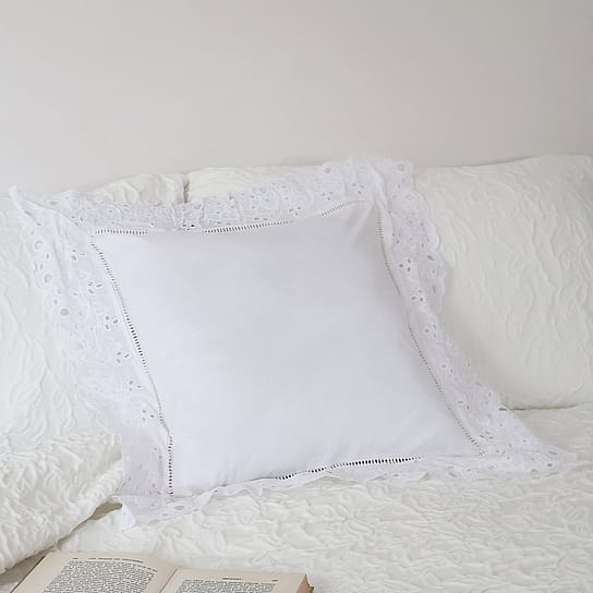 White Cushion With Broderie Anglaise Ruffle Trim White Cushion With Broderie Anglaise Ruffle Trim