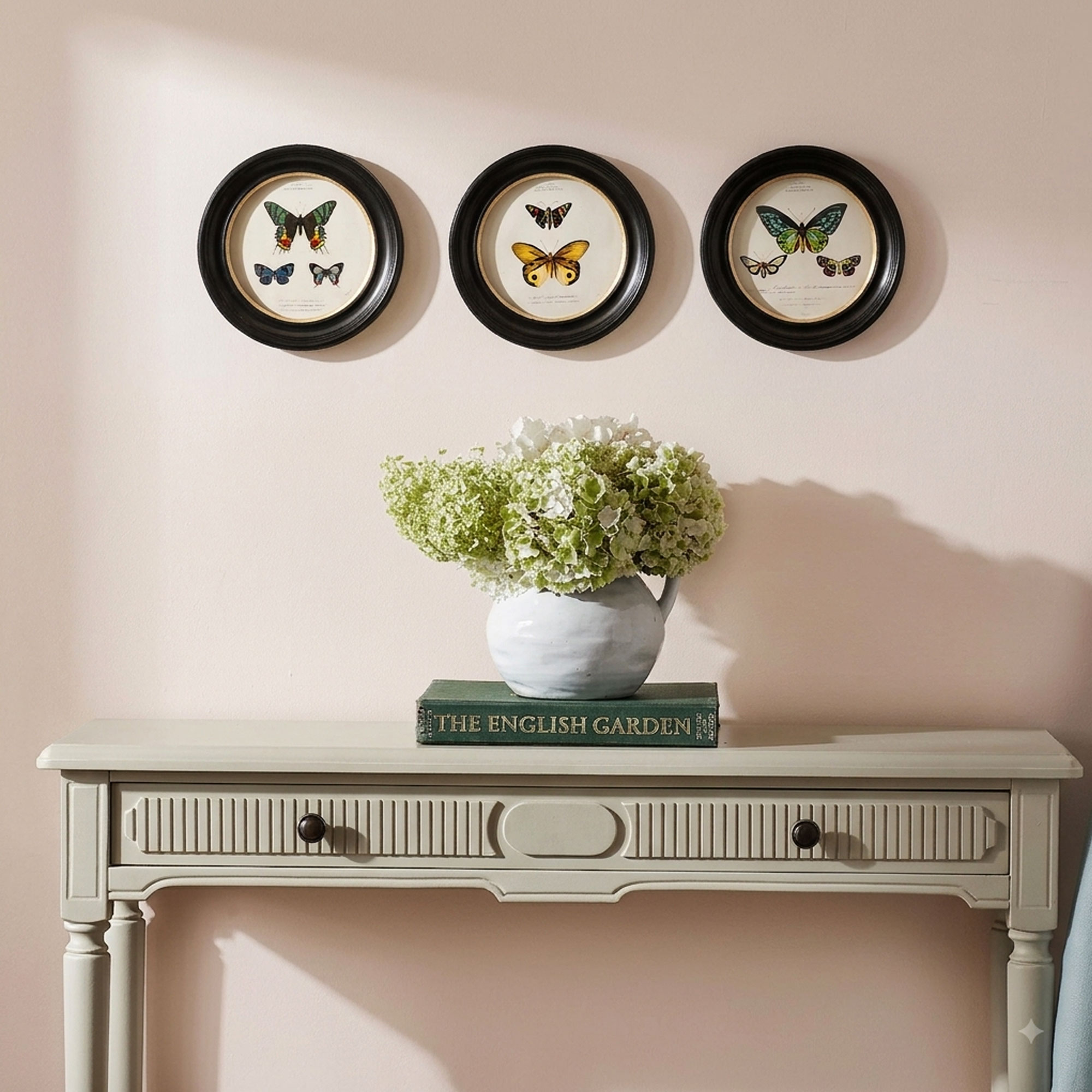 Three Butterfly Artwork Illustrations in Round Black Frames with Gold Slip