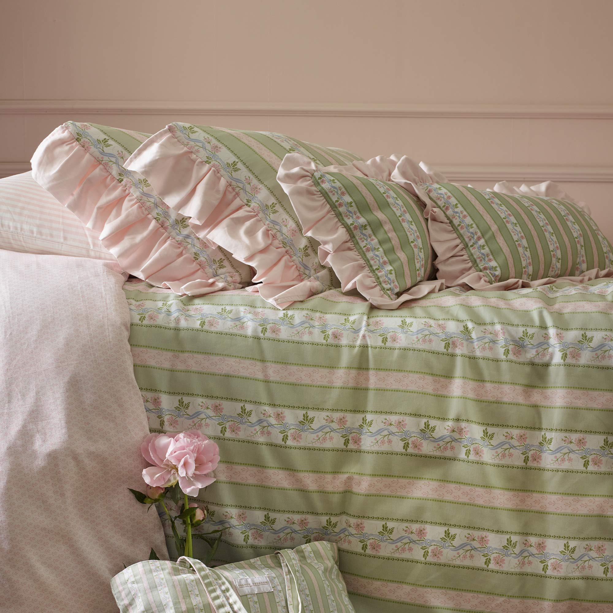 Floral Pattern Bed Linen Set With Green Stripes and Pink Frilly Edge