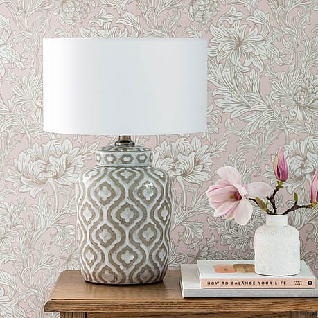 Taupe and White Pattern Ceramic Table Lamp with a Cotton Shade Taupe and White Pattern Ceramic Table Lamp with a Cotton Shade