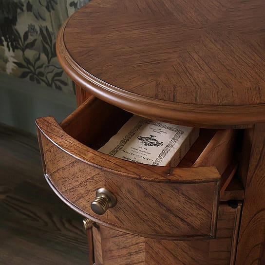 Antique Inspired Wooden Bedside Table with Herringbone Detail and Brass Gold Hardware Antique Inspired Wooden Bedside Table with Herringbone Detail and Brass Gold Hardware