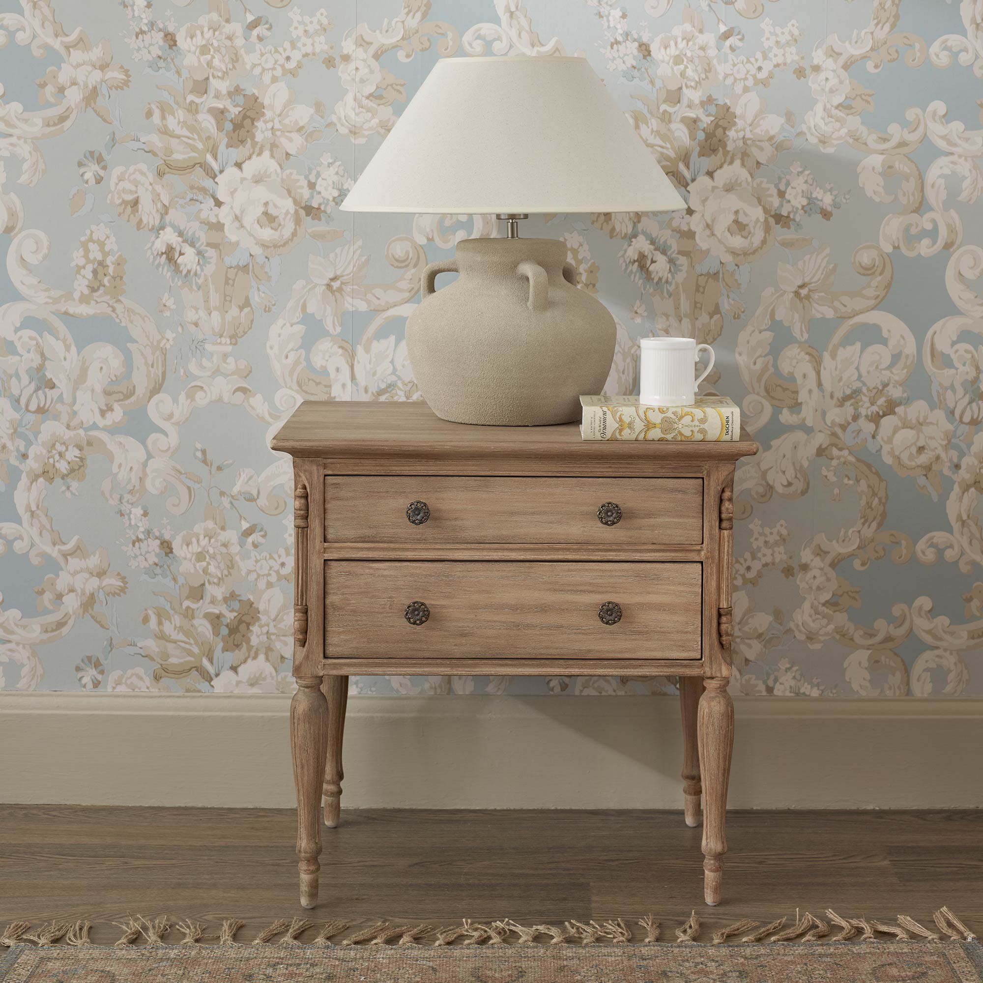 Wooden Bedside Table with fluted tapered legs and floral brass handles 