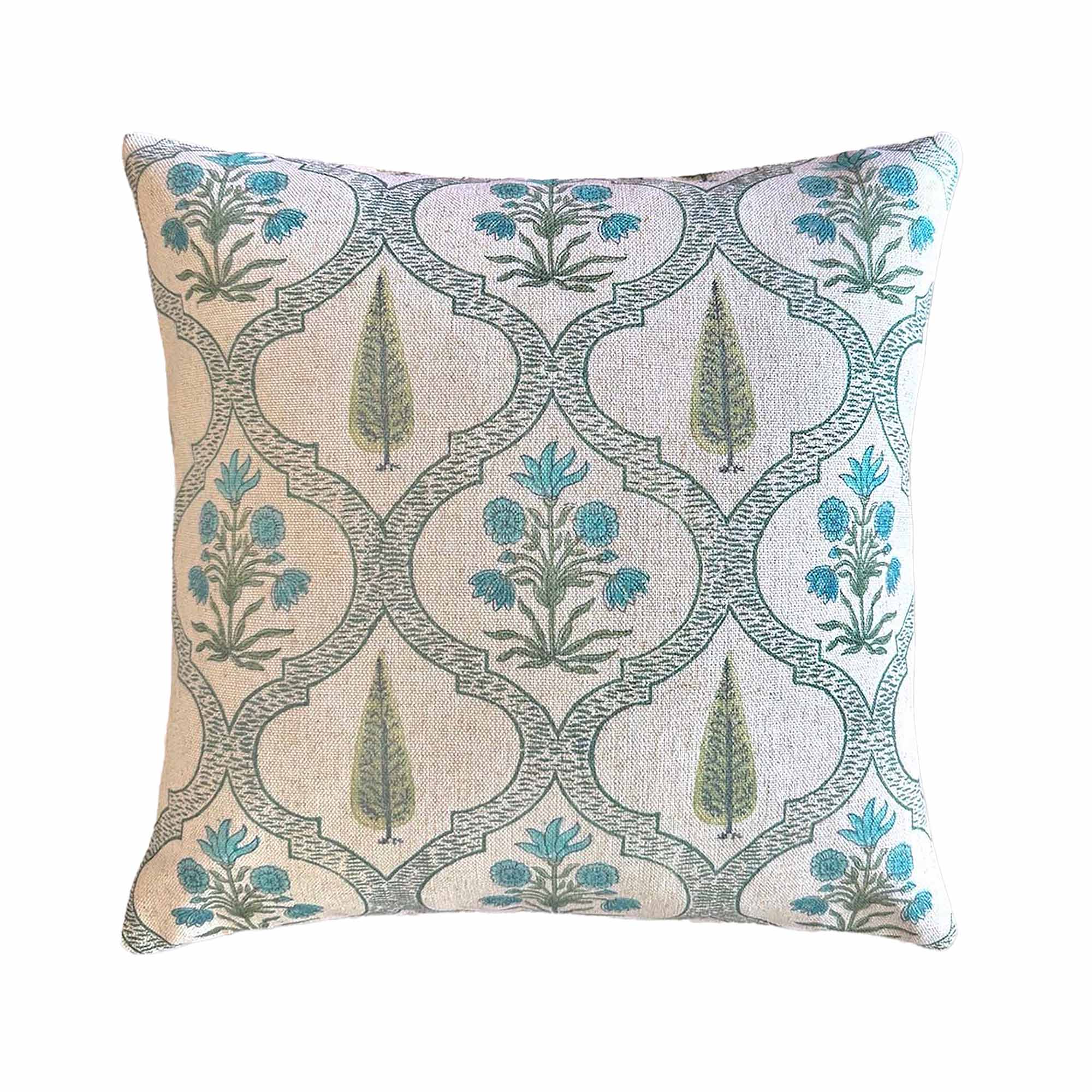 Cushion with Blue and Green Trellis Handblock Design