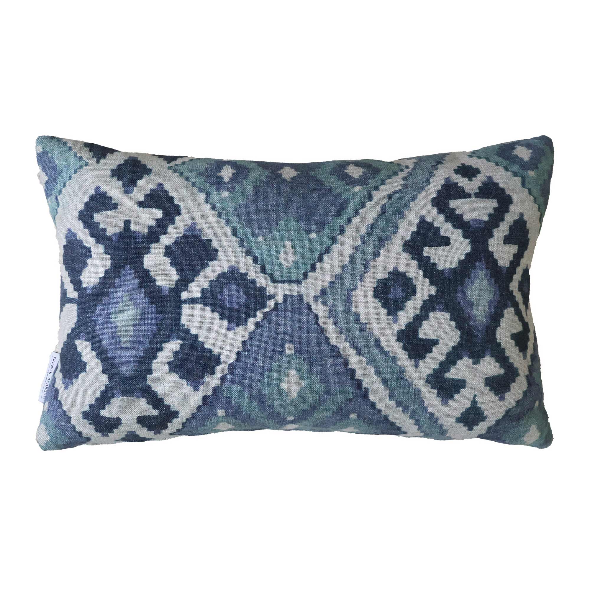 Rectangular Kilim Cushion in Tones of Light Blue and Dark Blue Ikat
