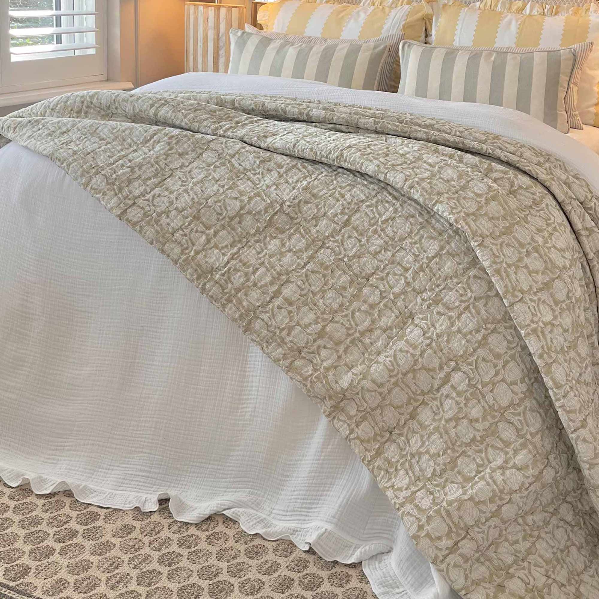 Indian block beige and white bedspread 