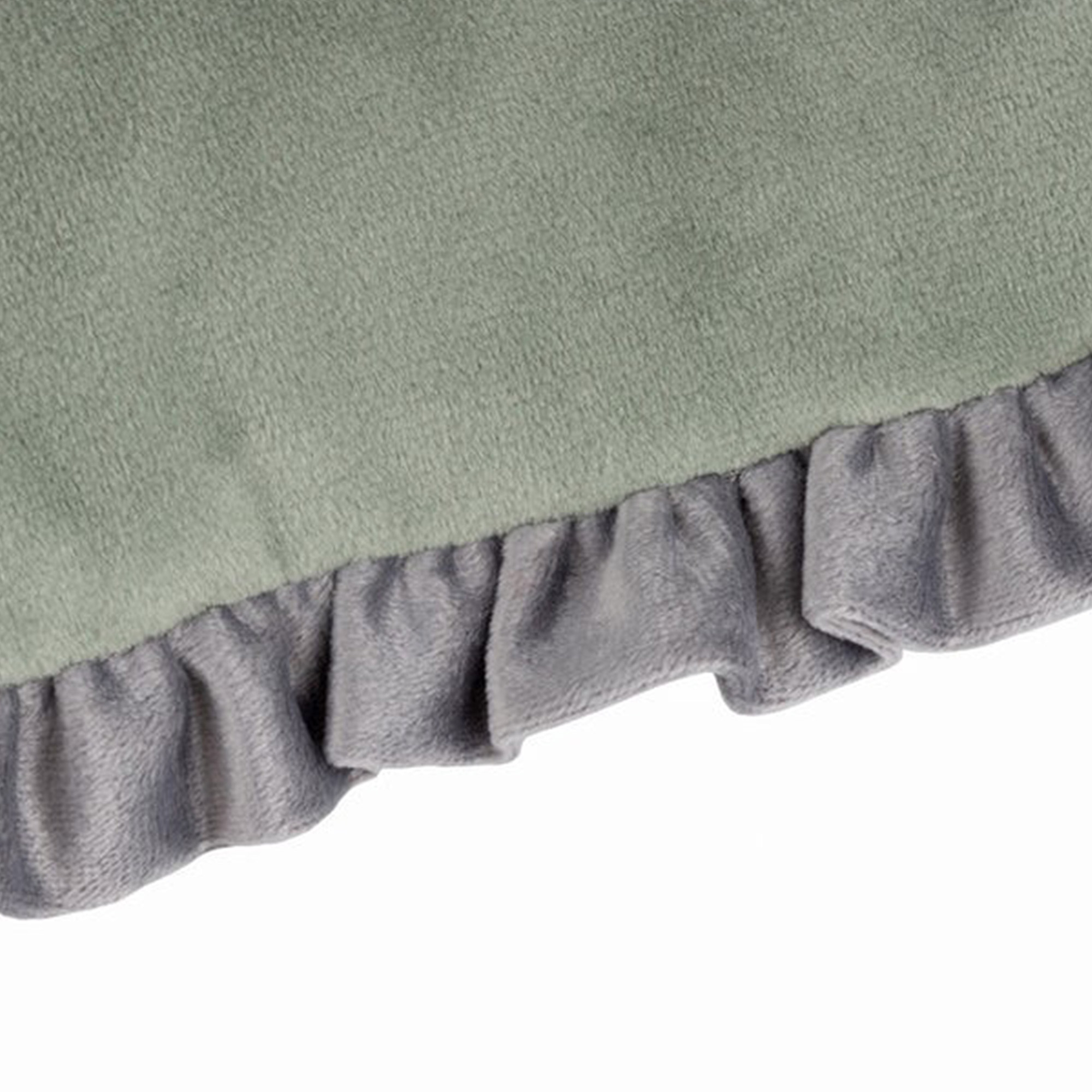 Sage Green Velvet Cushion with Grey Ruffle Trim