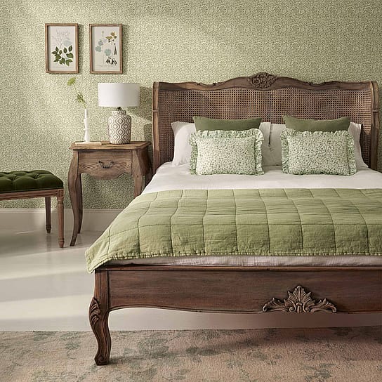 Distressed and Weathered Handmade Wooden French Bed in a Romantic Rattan Rustic Finish Distressed and Weathered Handmade Wooden French Bed in a Romantic Rattan Rustic Finish
