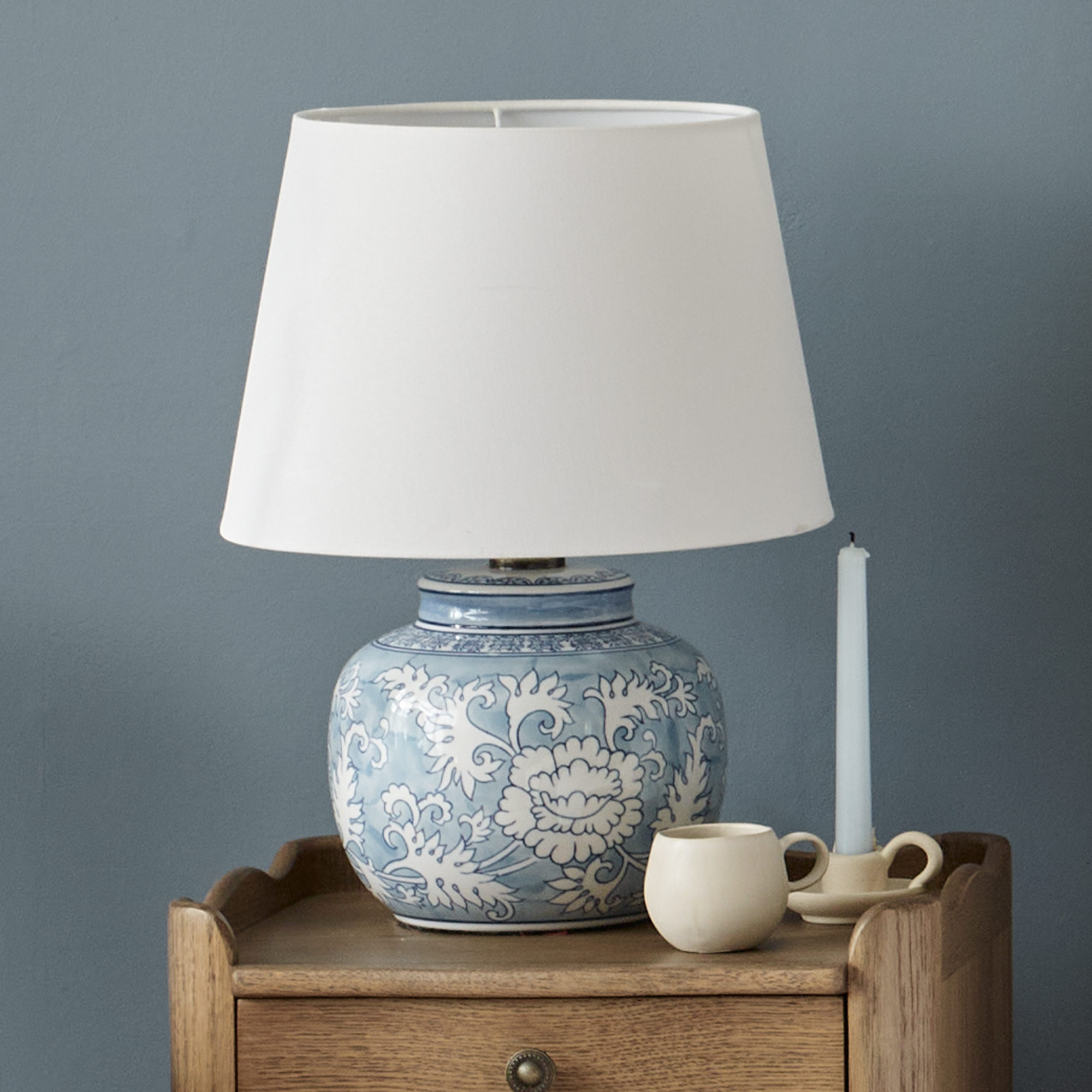 Blue And White Floral Antique Bedside Lamp With White Shade