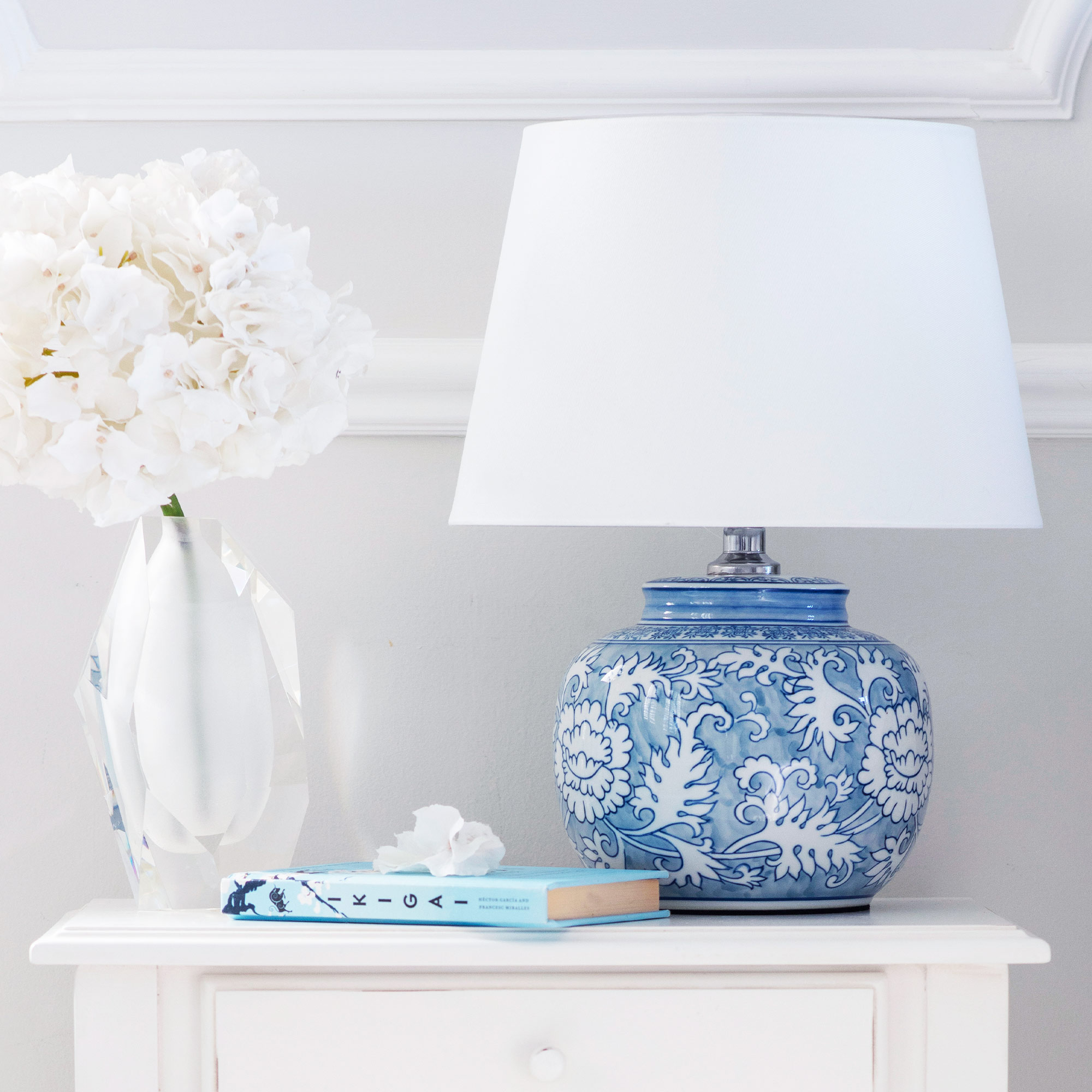 Blue and White Ceramic Table Lamp with White Cotton Shade