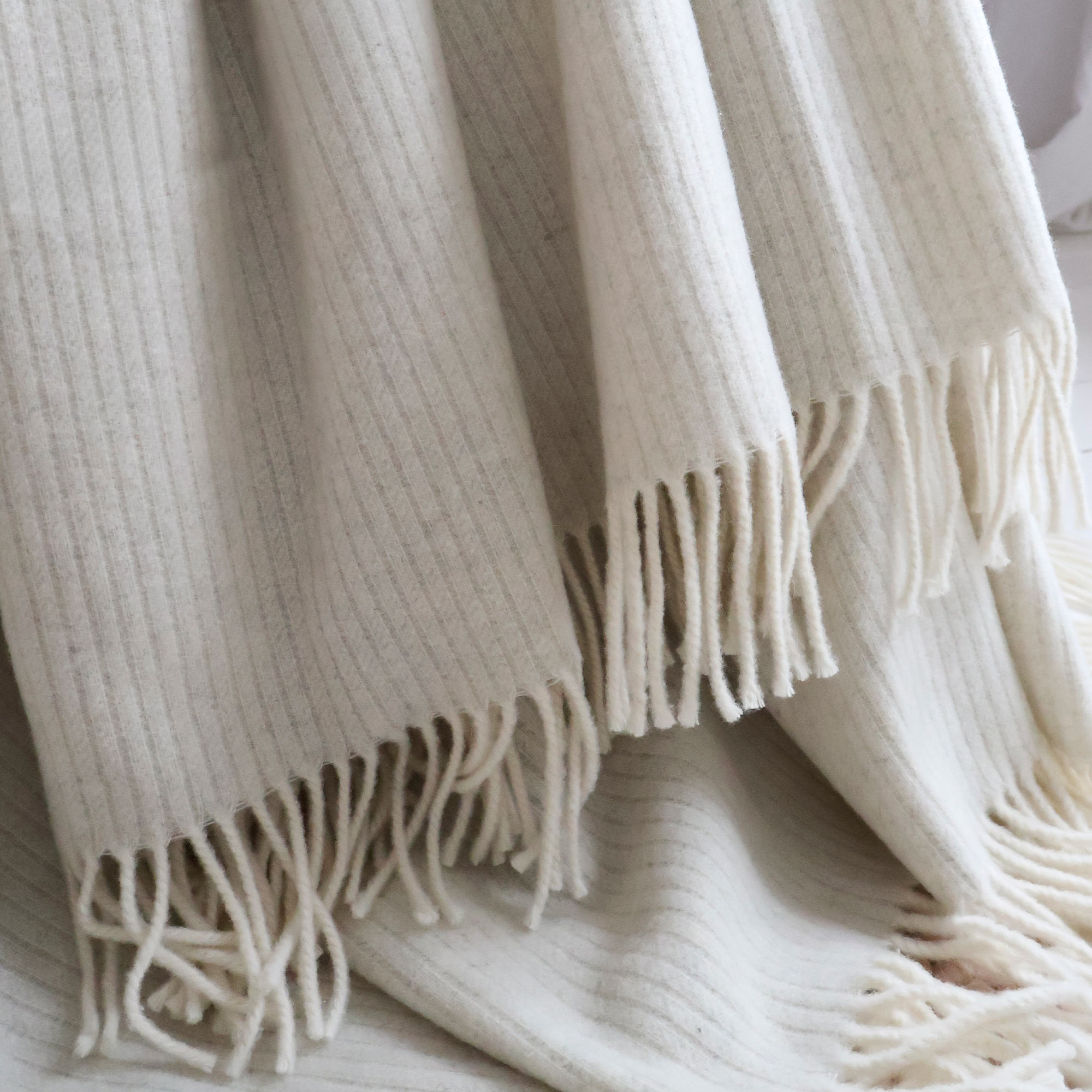 Striped Detail Of Tasseled Yarn Throw In Cloud Dancer
