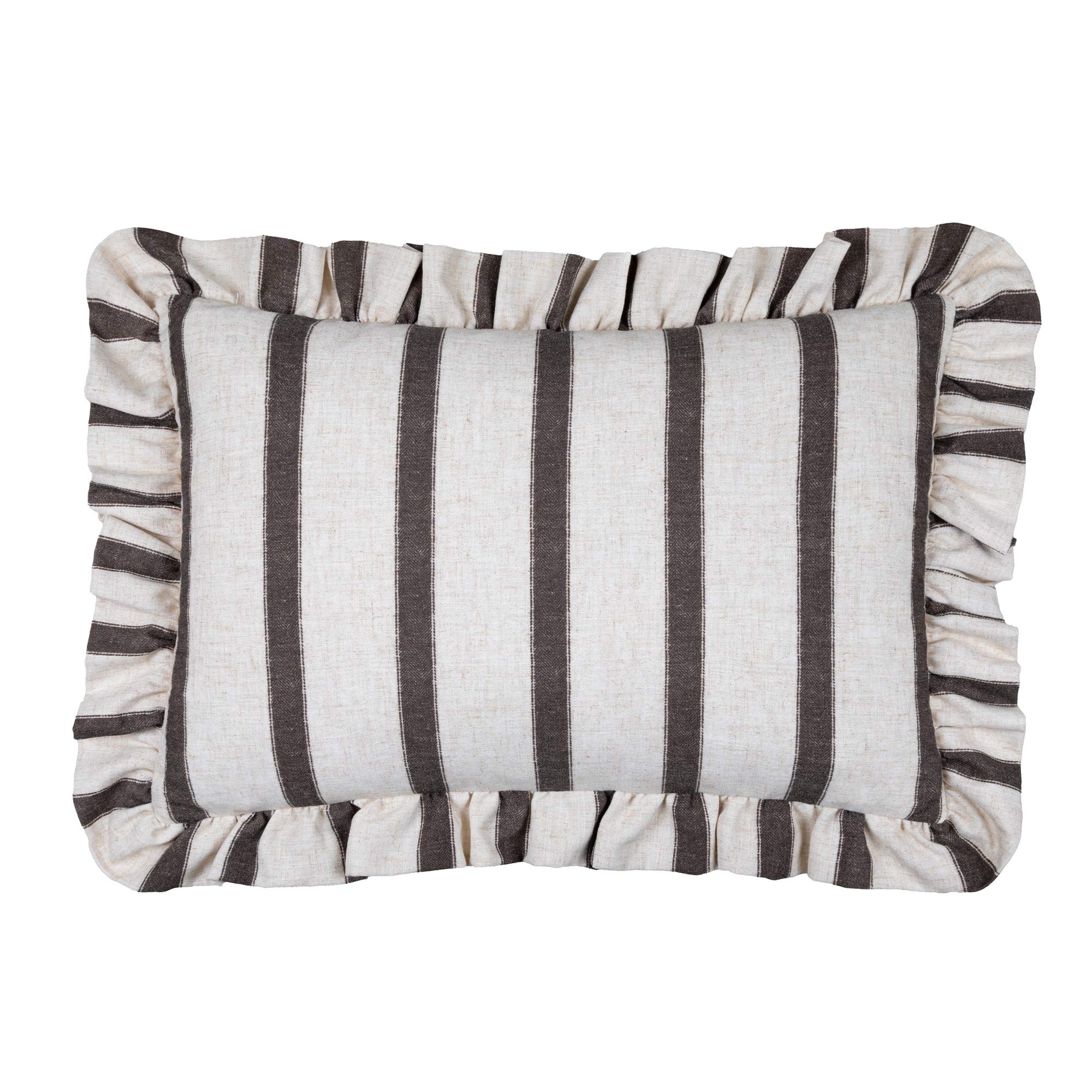 Cut out of the Cocoa and Cream Cushion with bold brown stripes and ruffled edging, with a white background.