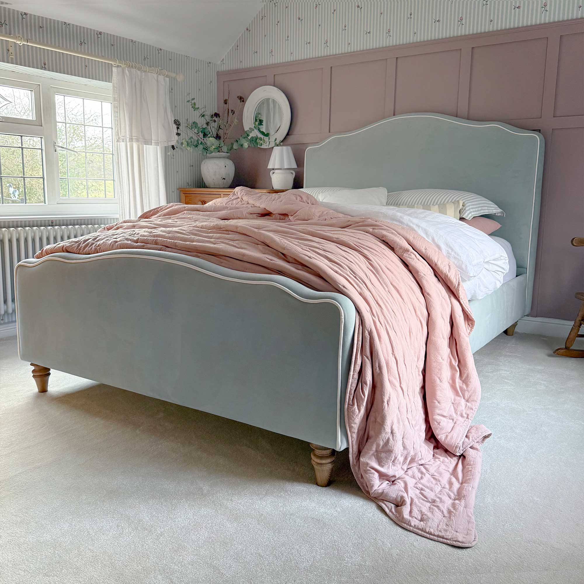 Blue Velvet Bed with Ivory Piping