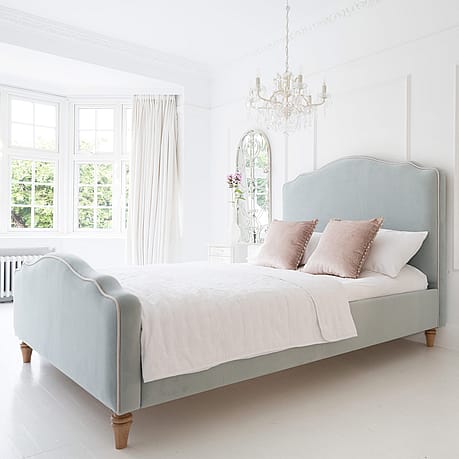 Blue Velvet Bed with Ivory Piping Blue Velvet Bed with Ivory Piping