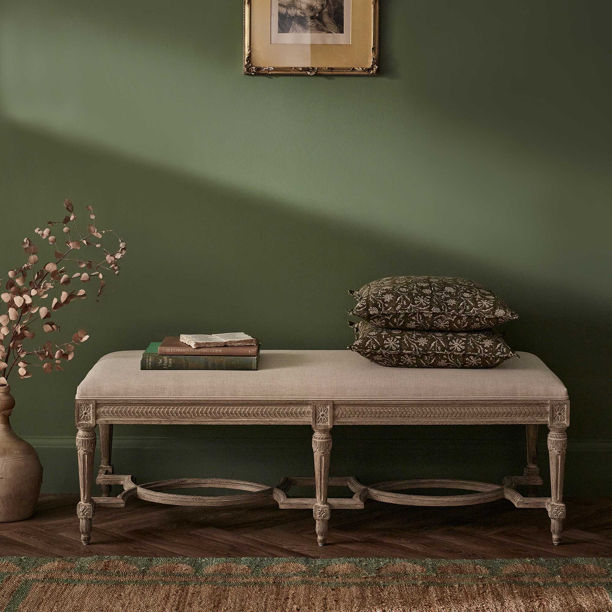 light oak carved bench with light linen cushion 