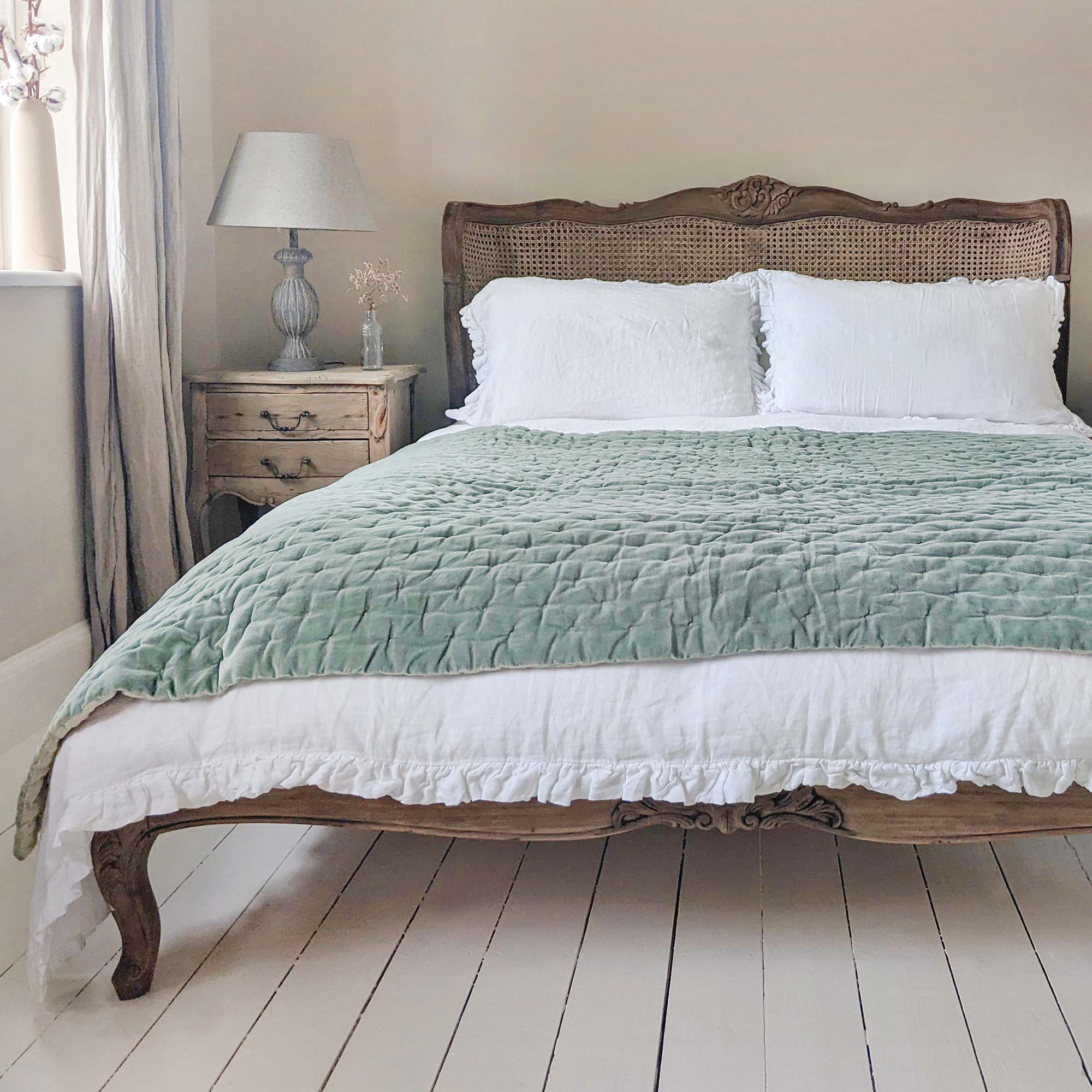 Duck Egg Blue Velvet Quilted Bedspread Sea Foam Duck Egg Blue