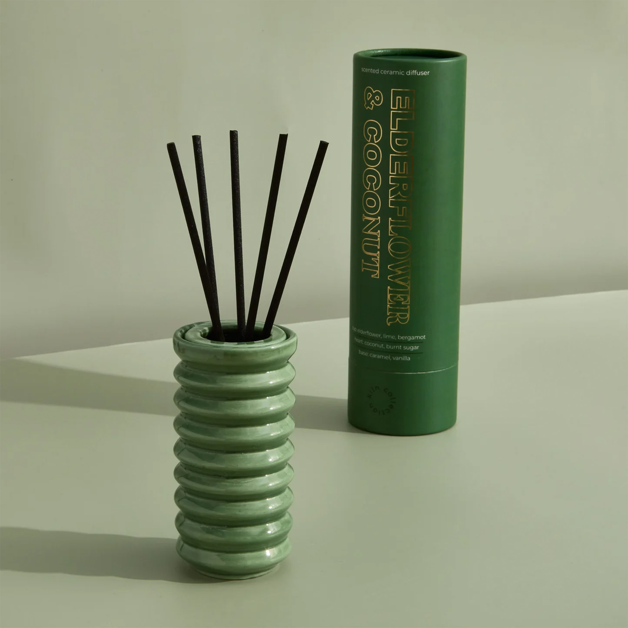 Green Ribbed Diffuser in Elderflower, Coconut and Bergamot