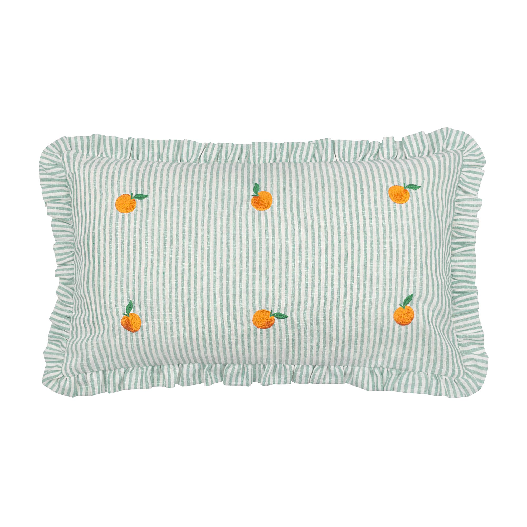 Teal Blue and White Striped Vegan Cushion with Embroidered Oranges