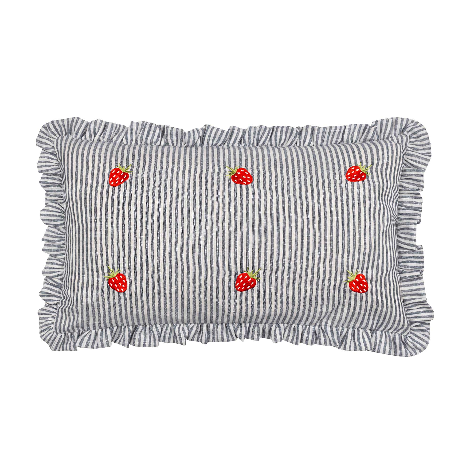 Navy Blue and White Striped Cushion with Embroidered Strawberries