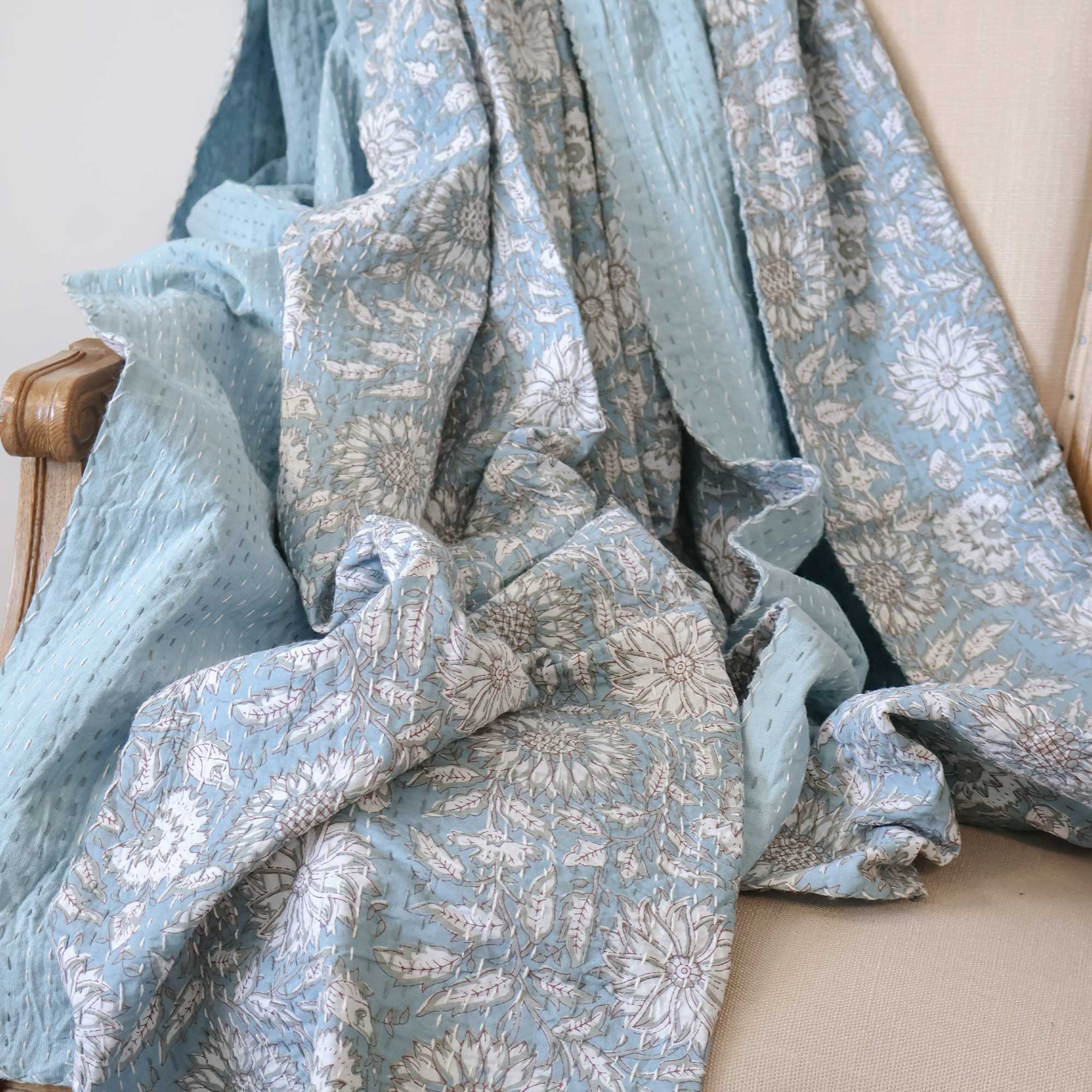 Blue Floral Block Print Bed Cover