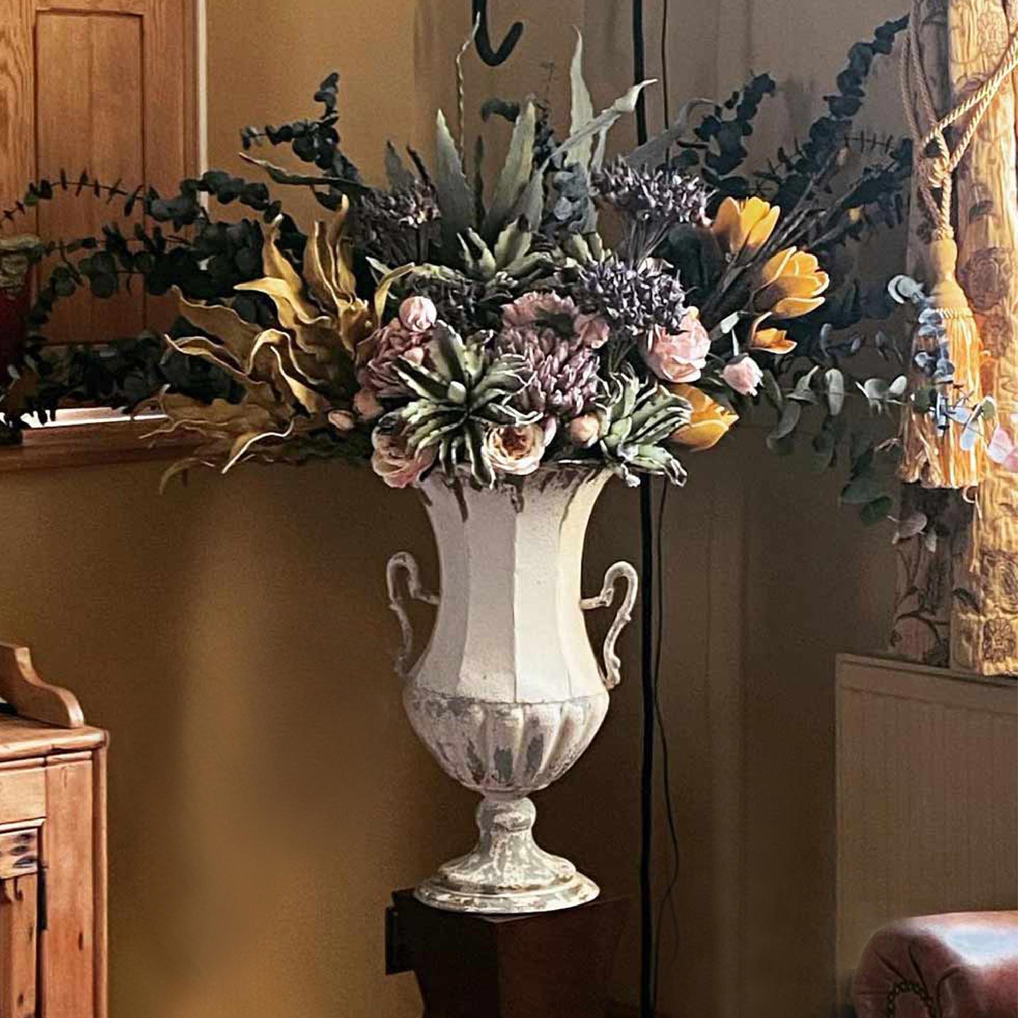 French Urn in a Distressed Painted Metal Finish