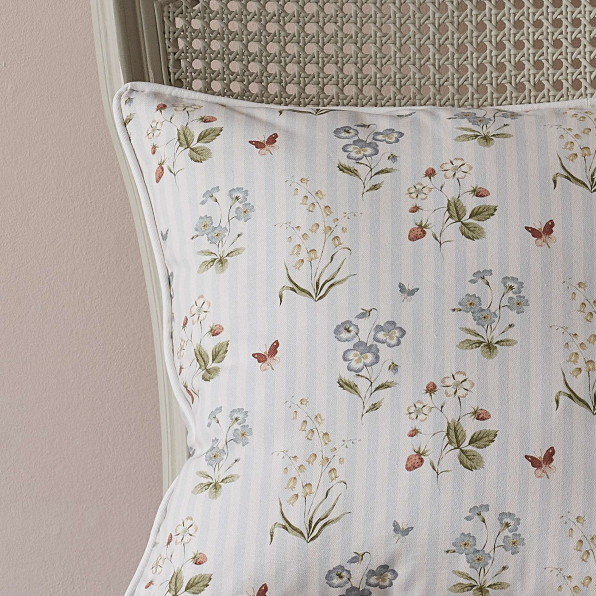 Soft Blue and White Ticking Stripe Square Cushion with Floral, Berries and Butterfly Detail