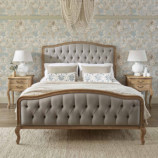 Button Upholstered Bed in Grey Linen, Handmade with an Oak Frame Button Upholstered Bed in Grey Linen, Handmade with an Oak Frame