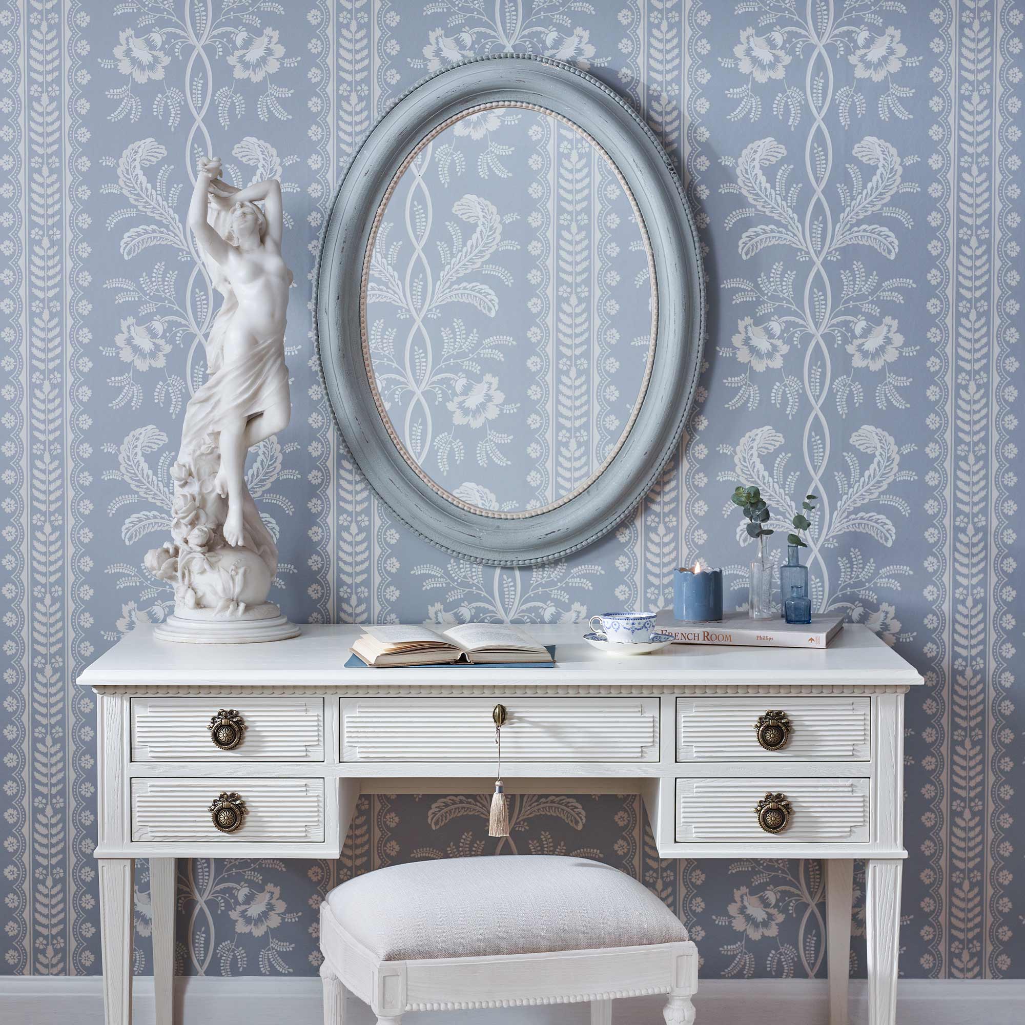 Pale Blue Grey Oval Wall Mirror