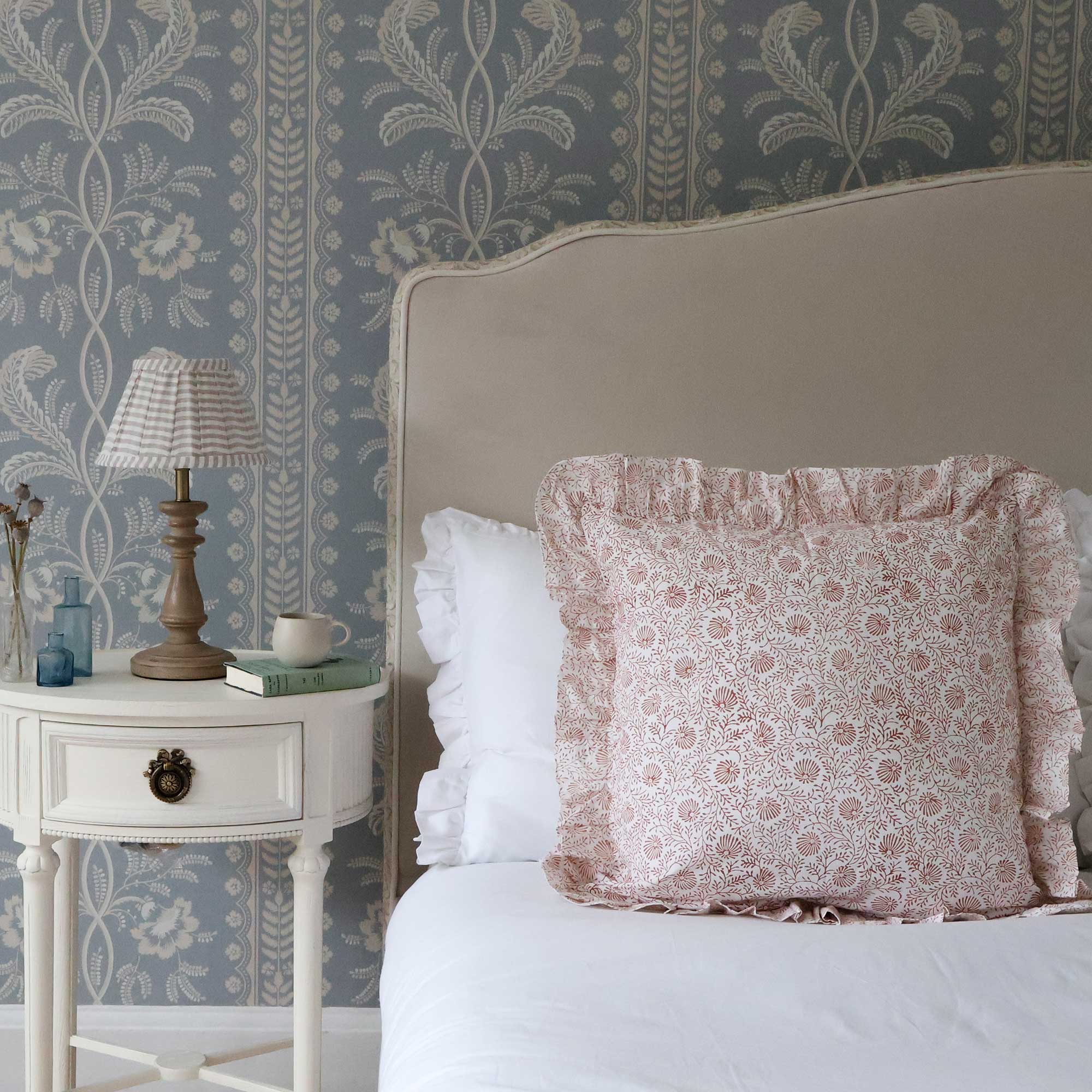 Orange Floral Motif Handblock Ruffle Cushion