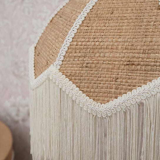 Natural Rattan Shade with White Braid and Tassel Fringe Trim Natural Rattan Shade with White Braid and Tassel Fringe Trim