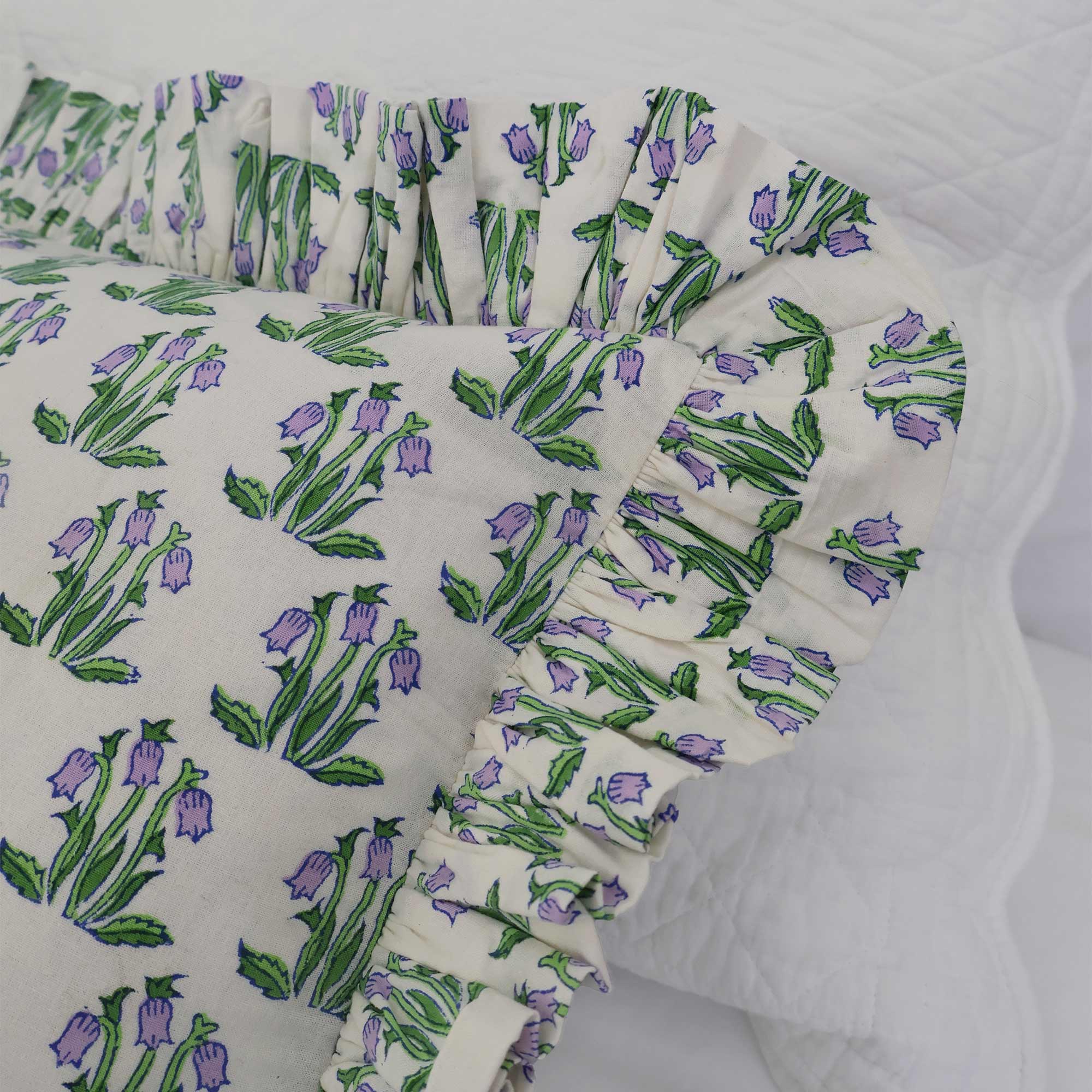 Block Print Boudoir Bedroom Cushion with Lilac and Green Design and Chunky Relaxed Ruffle Trim