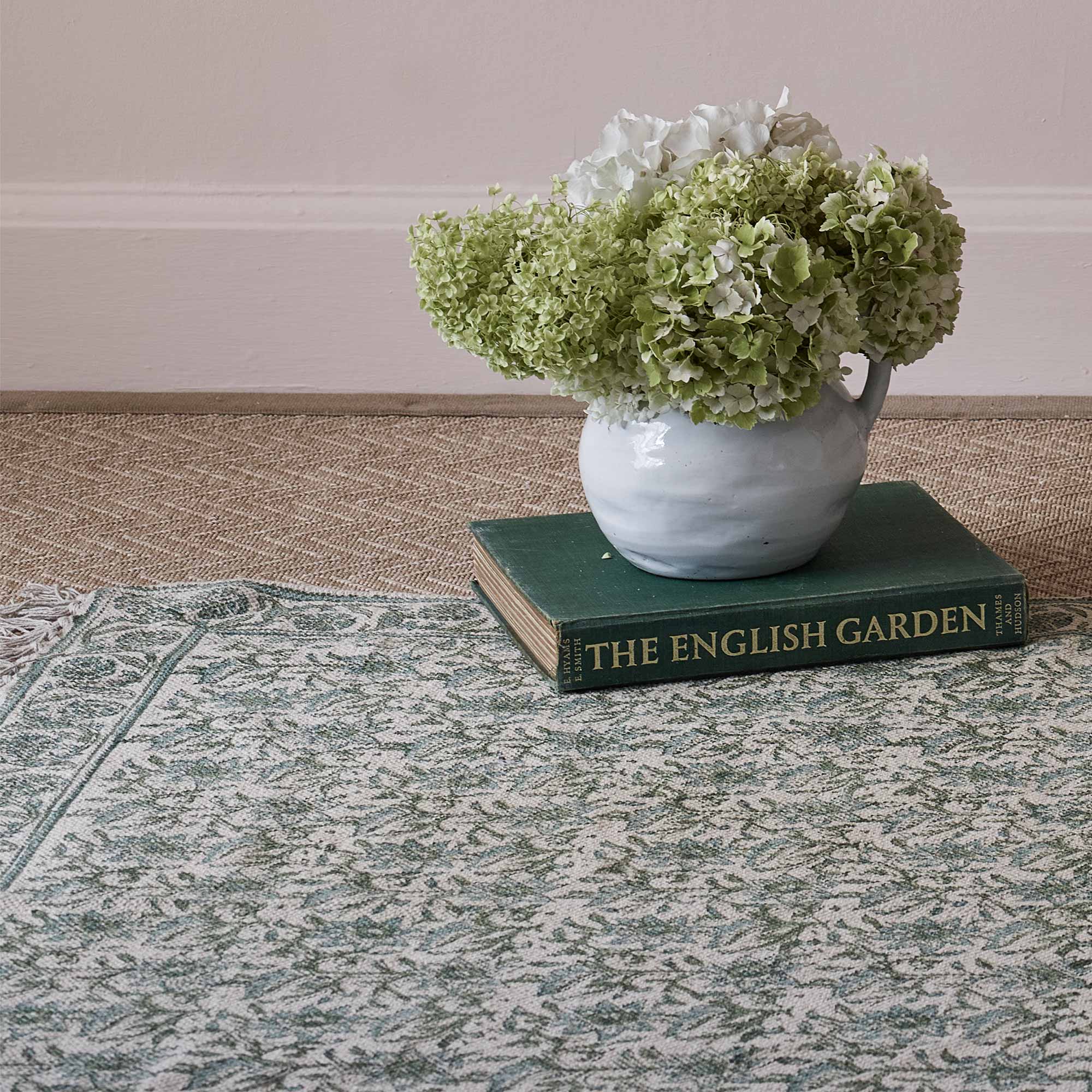 Green and Blue Handblock Style Botanical Trellis Rug