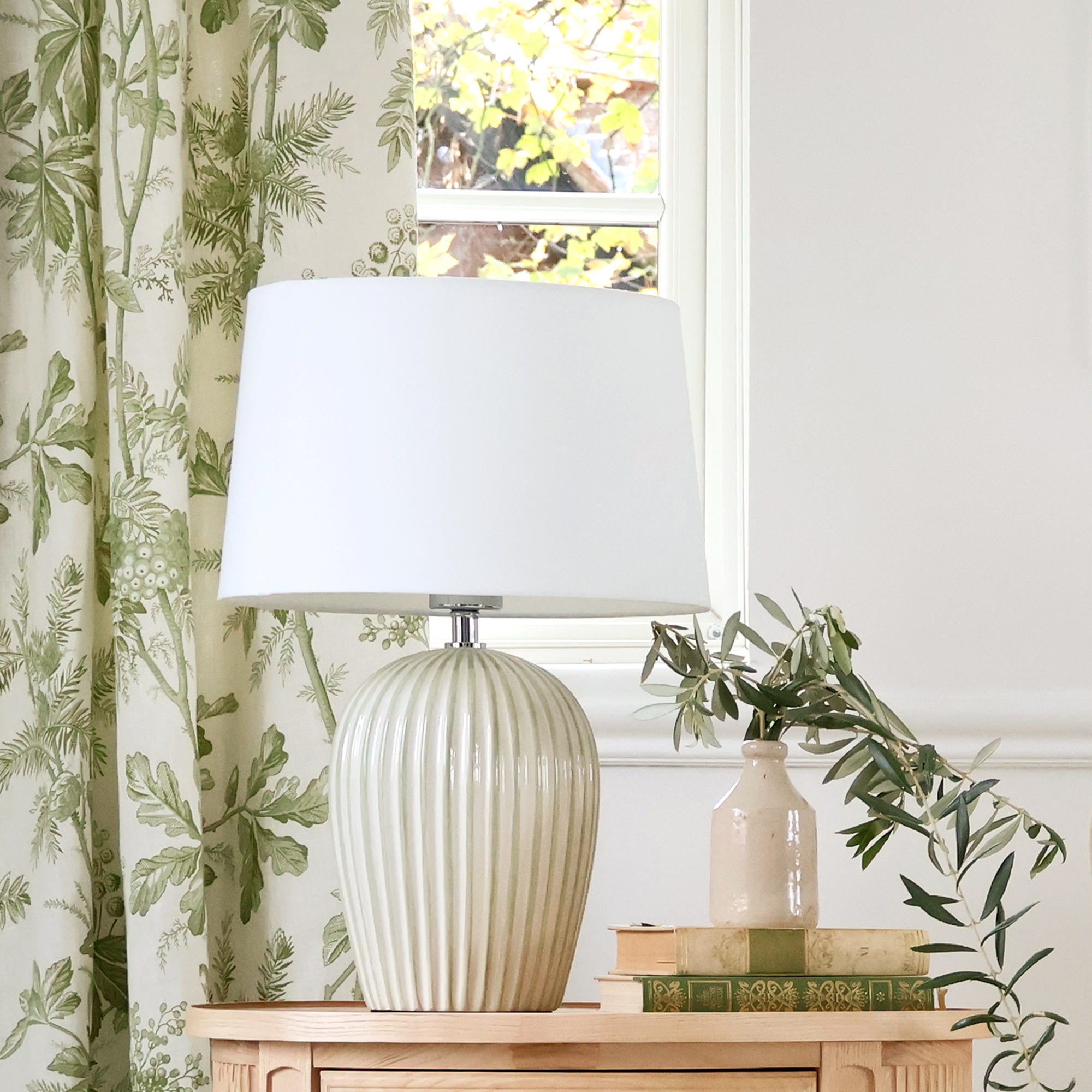 Striped Ceramic Lamp in Sage Green and White
