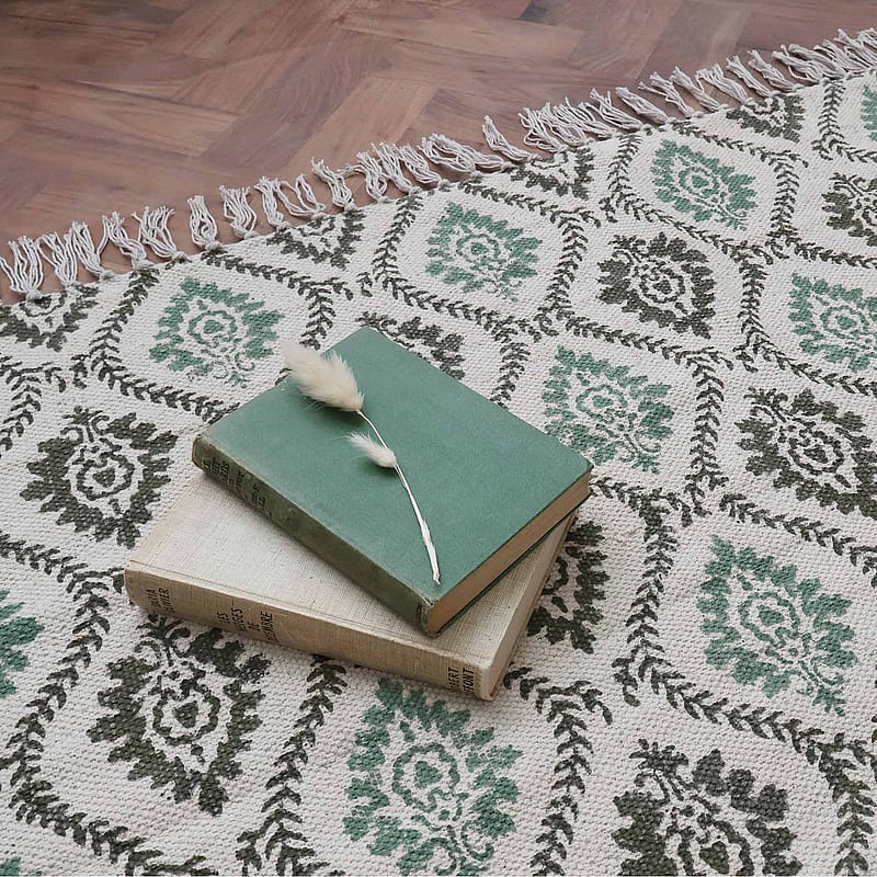 Green Trellis Block Printed Rug | Green Cotton Block Printed Rug