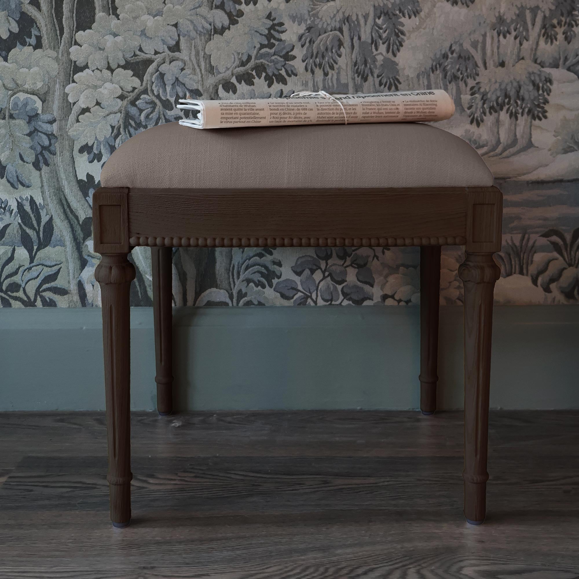 dark brown oak stool with grey cushion 
