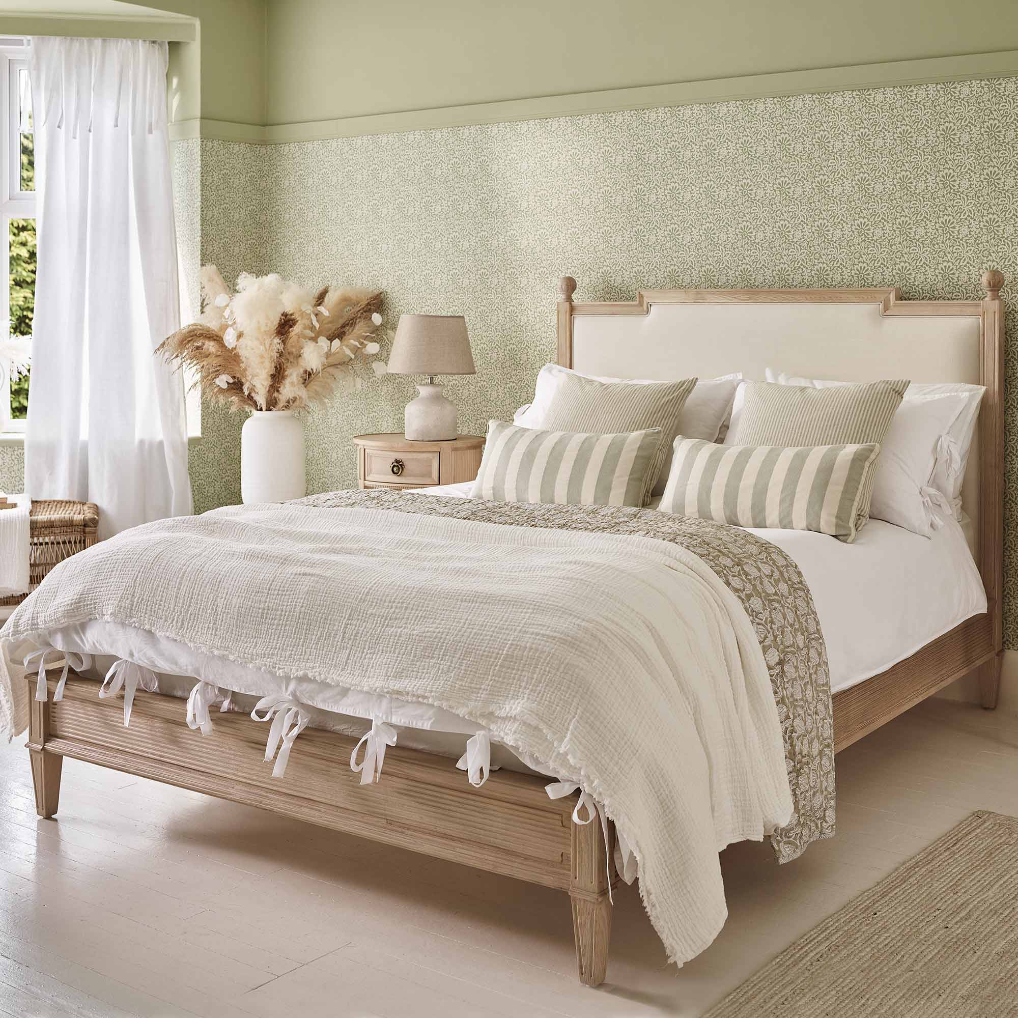 Gustavian Light Wood Upholstered Bed Low Footboard