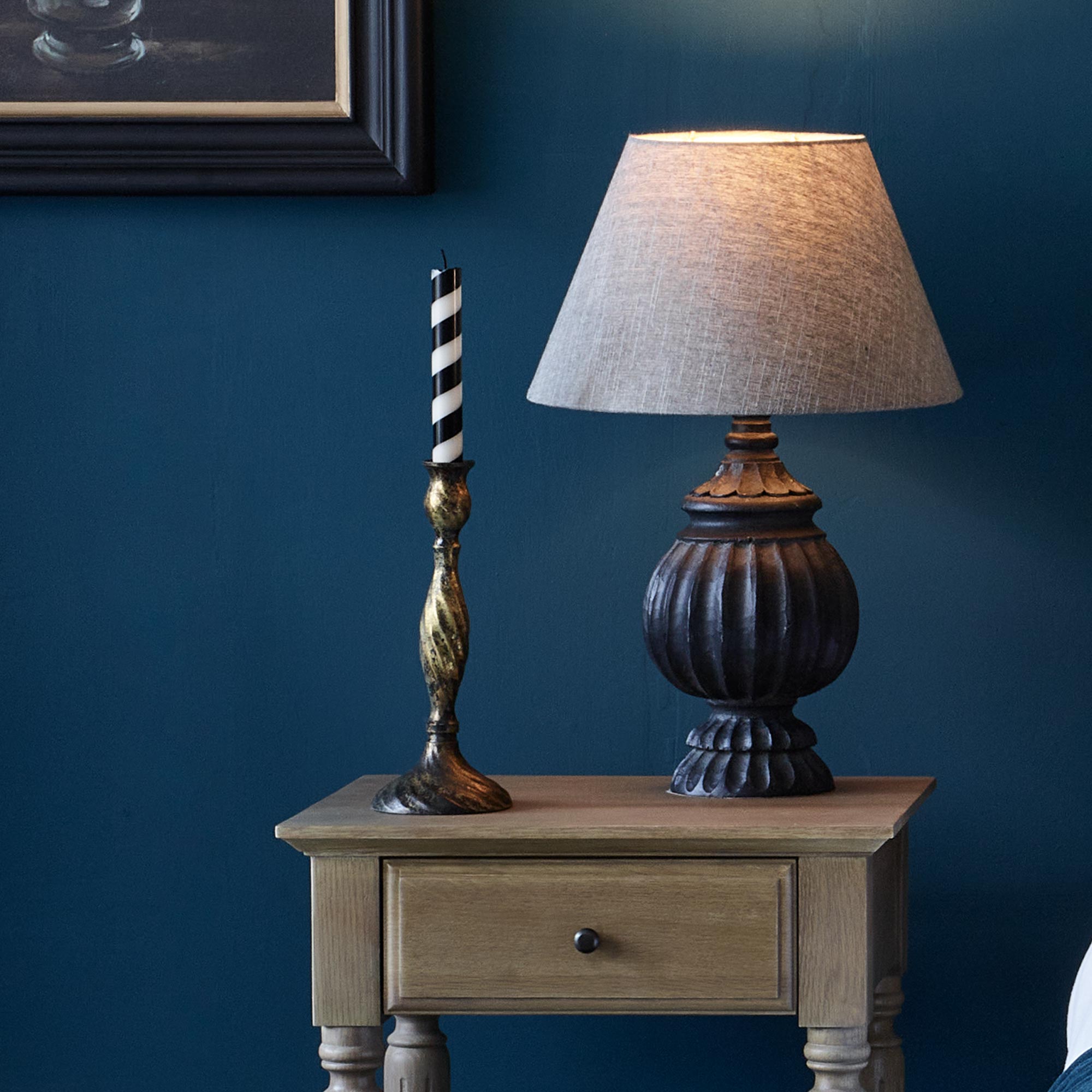 Antiqued Black Table Lamp with Grey-Beige Linen Shade
