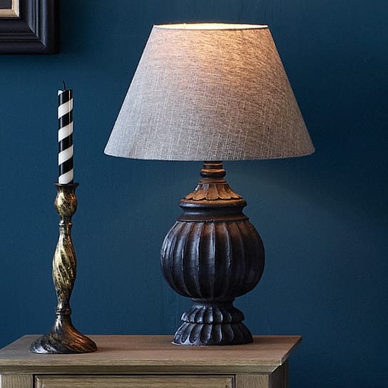 Antiqued Black Table Lamp with Grey-Beige Linen Shade Antiqued Black Table Lamp with Grey-Beige Linen Shade