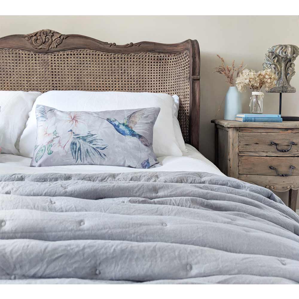 Rectangular Grey Velvet Cushion with a Hummingbird and Botanical Motif