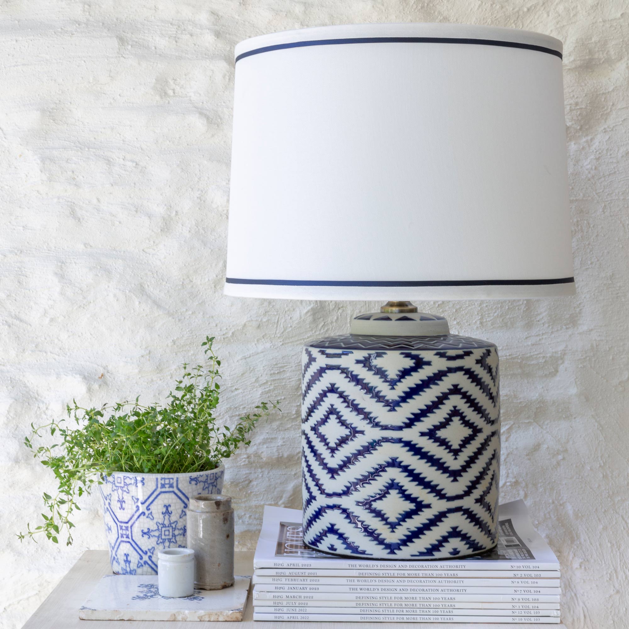 Ceramic Blue Ikat Table Lamp with White Shade