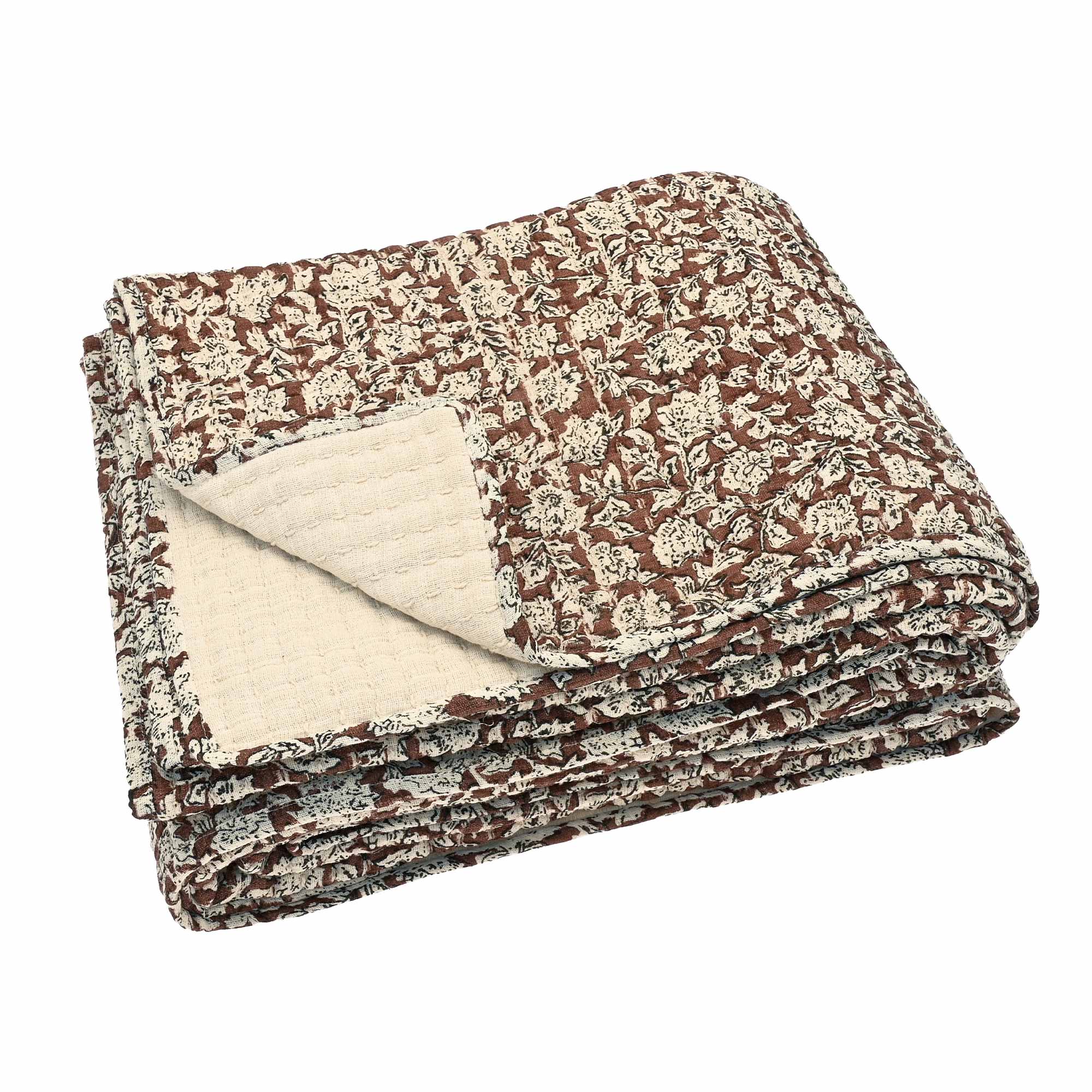 Cut Out Of100% Cotton Handblock Bedspread in Terracotta Brown with Natural Reverse