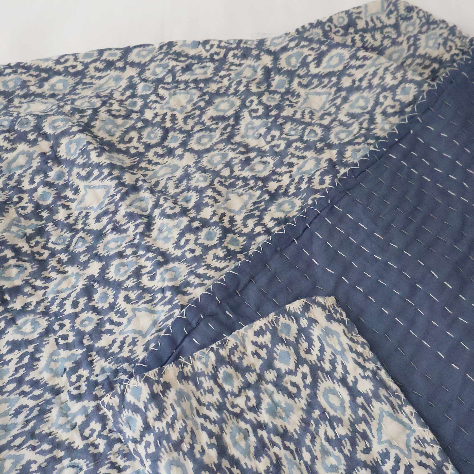 Reversible Ikat Kantha Throw in Blue and White