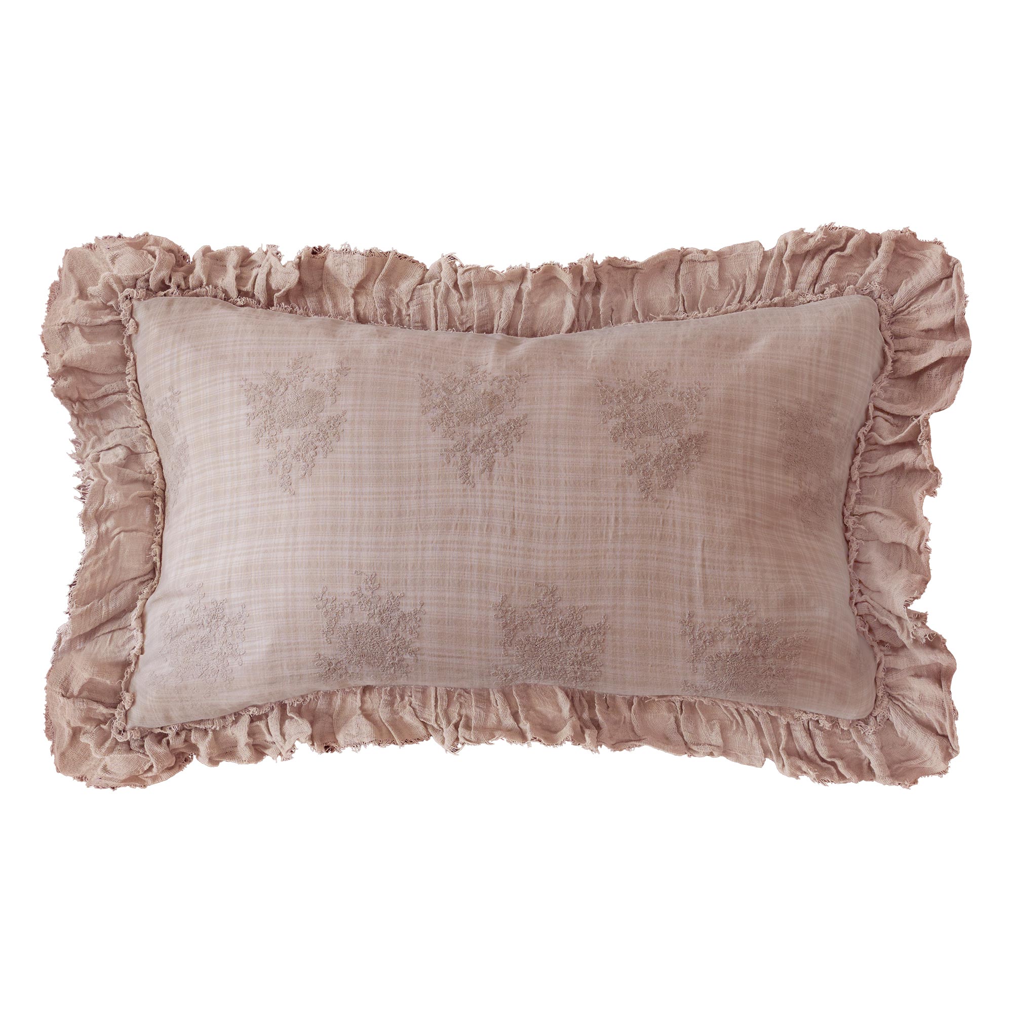 Large Pale Pink Hand Embroidered Italian Lace Bedroom Cushion Cover with Frayed Frill Edge