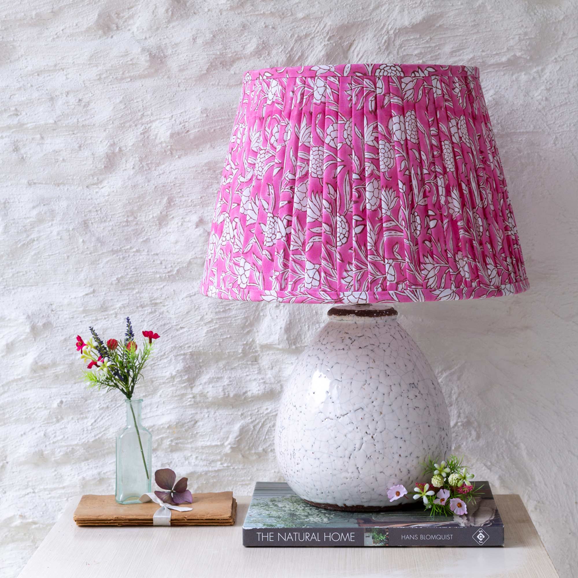 Cermanic White Lamp with Pink Cotton Handblock Floral Lampshade