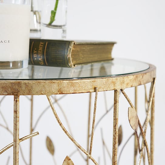 Gold Distressed Metal Leaf Table with Glass Top. Gold Distressed Metal Leaf Table with Glass Top.