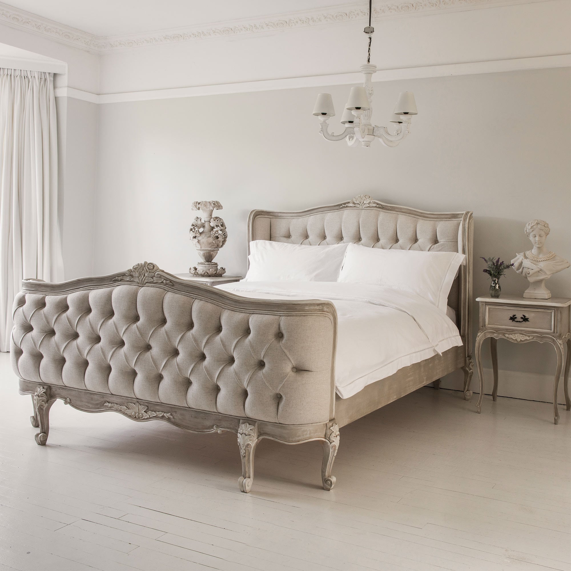 Handmade and Hand-Carved Upholstered French Style Bed in Fawn Grey and Ivory