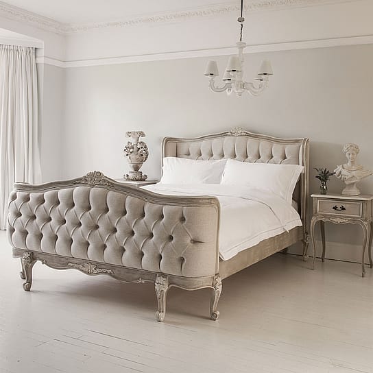 Handmade and Hand-Carved Upholstered French Style Bed in Fawn Grey and Ivory Handmade and Hand-Carved Upholstered French Style Bed in Fawn Grey and Ivory