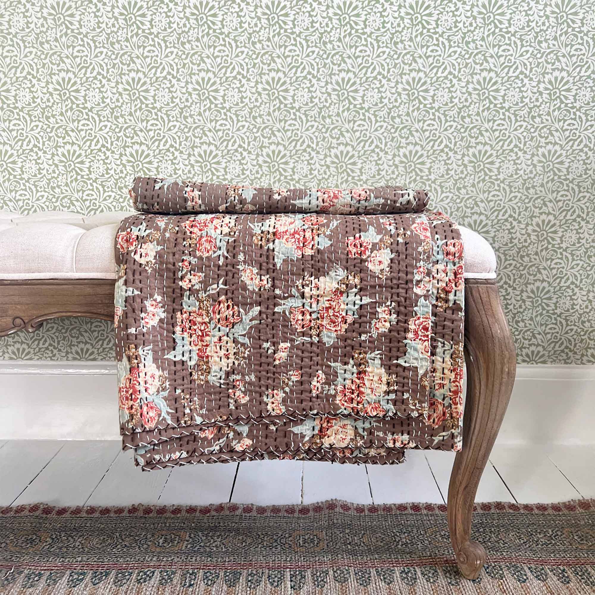 Handmade Cotton Kantha Throw Bed Cover with Brown Floral Block Print Design