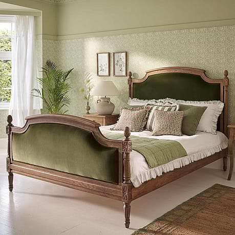 Love Story Olive Velvet Upholstered Finial Bed Love Story Olive Velvet Upholstered Finial Bed