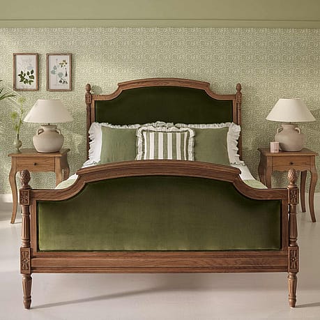 Love Story Olive Velvet Upholstered Finial Bed Love Story Olive Velvet Upholstered Finial Bed